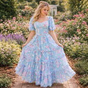 Ivy City Co Blue floral ruffle prairie maxi dress Bridgerton garden Easter